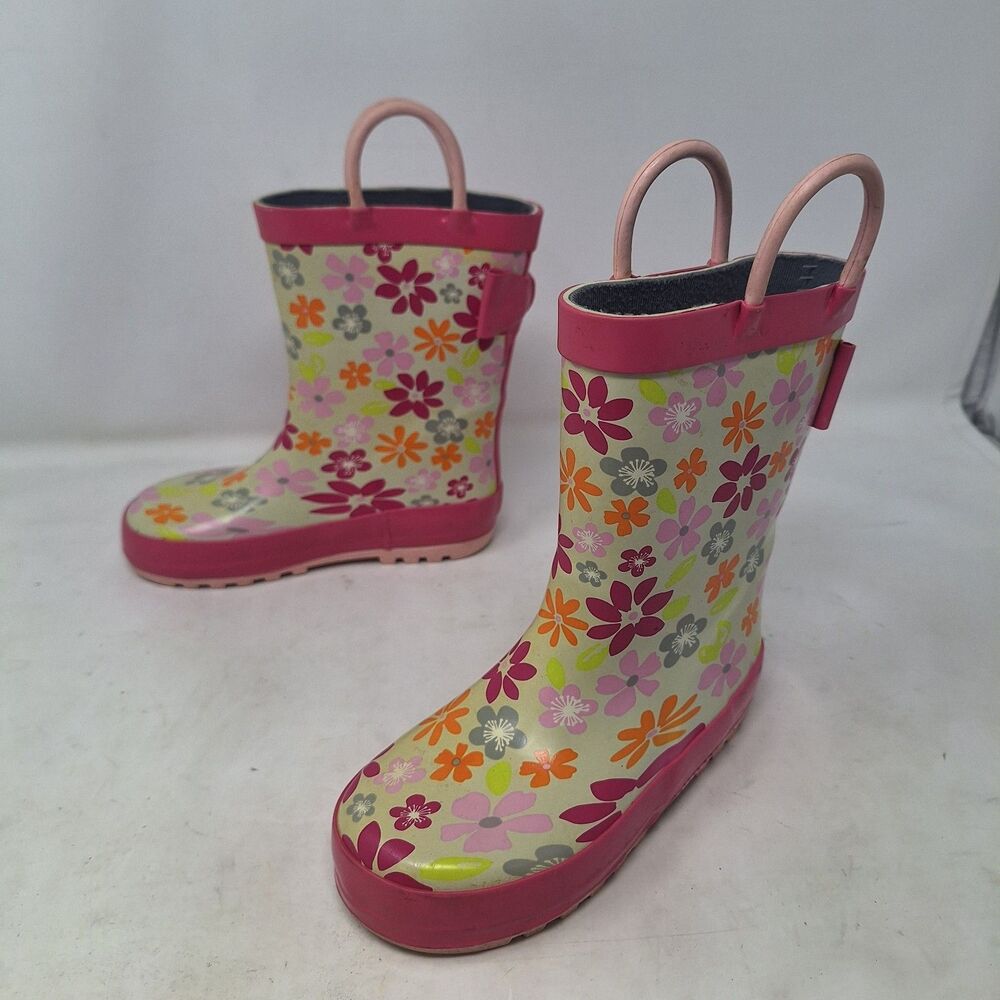KomForMe Pink Daisy Floral Rubber Rain Boots Waterproof Maximalism Girls Size 10